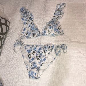 blue floral ruffled bikini